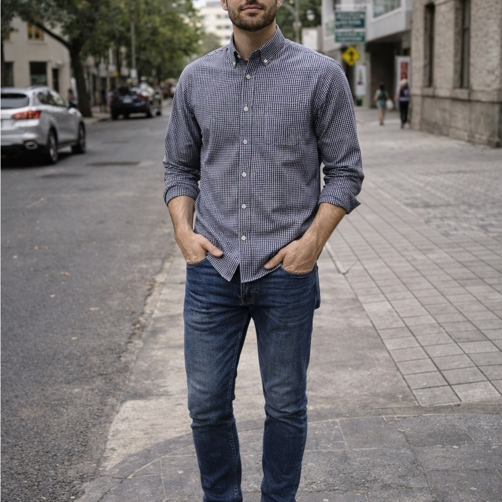 GAP Men's blue and White Checkered Casual Button Down Shirt